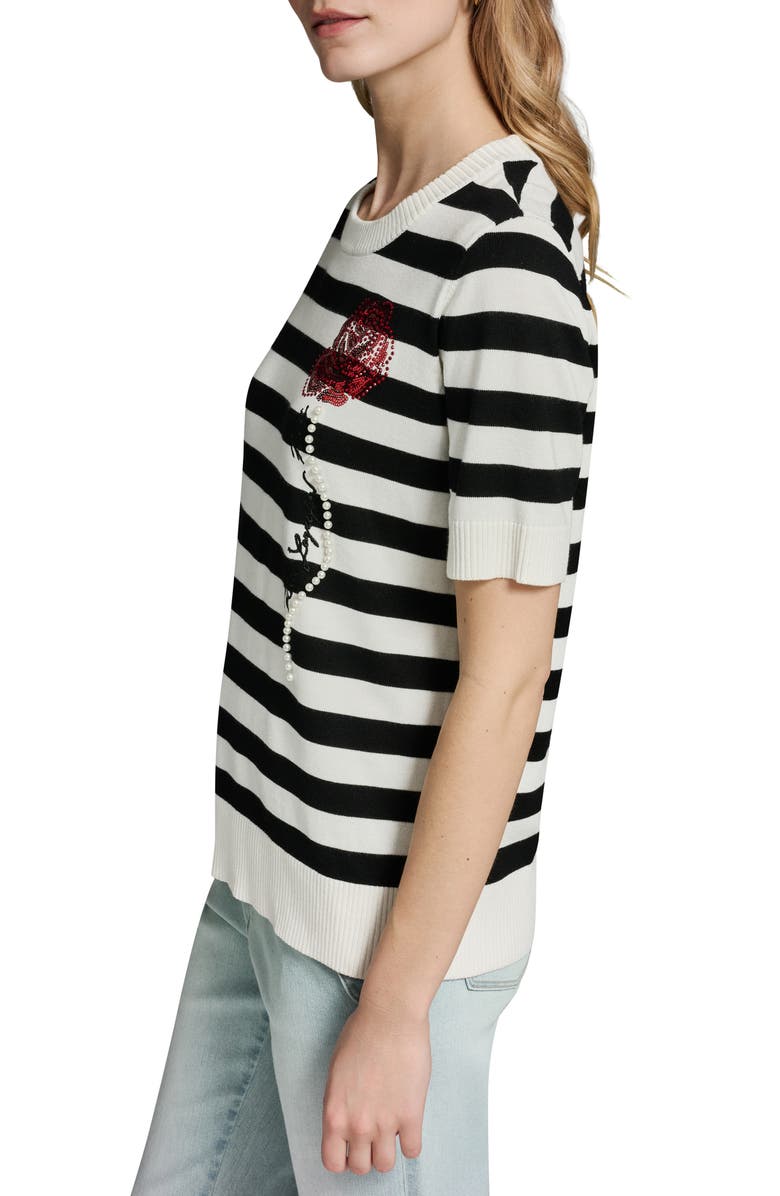 KARL LAGERFELD PARIS Bead & Faux Pearl Rose Detail Stripe Sweater, Alternate, color, 