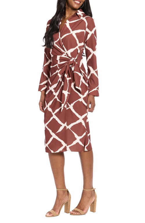 London Times Long Sleeve Faux Wrap Midi Dress In Multi