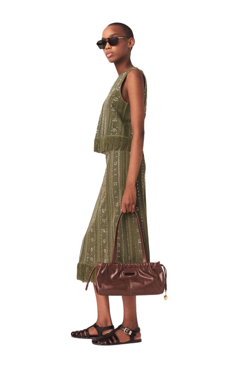 maje Knit skirt with rhinestone flowers, Alternate, color, Khaki