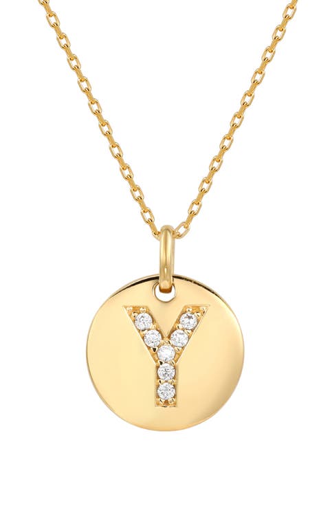 Yellow Sterling Silver White Cubic Zirconia Initial Disc Pendant Necklace
