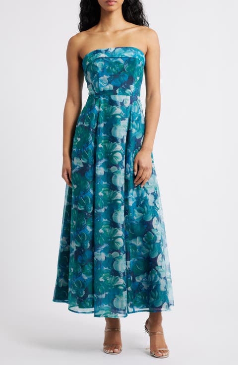 Elena Strapless Floral Organza Midi Dress