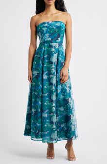 Lulus Elena Strapless Floral Organza Midi Dress
