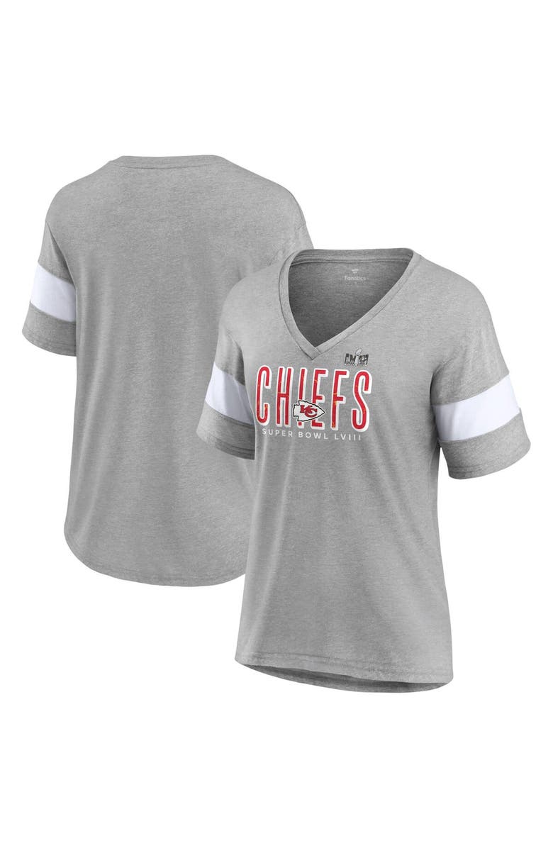 FANATICS Women's Fanatics Branded Heather Gray Kansas City Chiefs Super Bowl LVIII Cheer Section Tri-Blend V-Neck Fashion T-Shirt, Main, color,