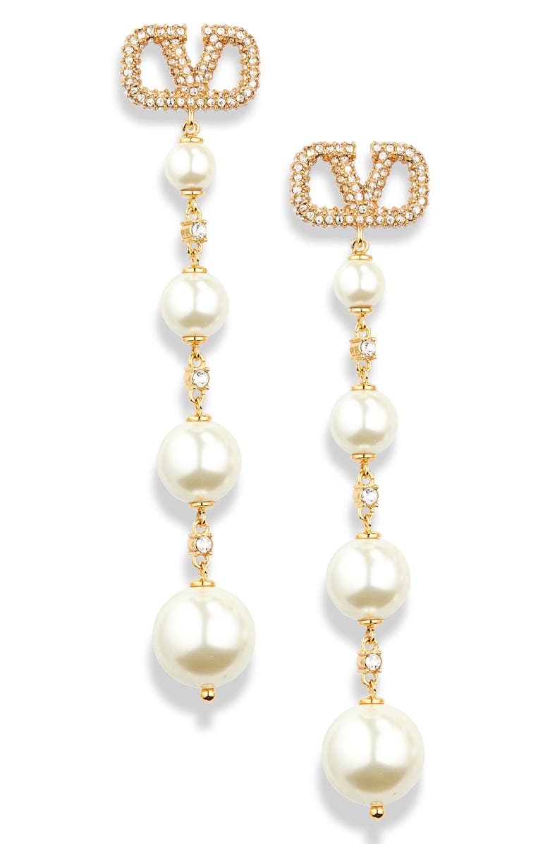 Valentino Garavani VLOGO Imitation Pearl Linear Drop Earrings, Main, color, Oro 18/ Cream/ Crystal Silver