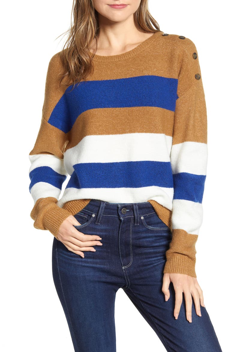 Shoulder Button Sweater, Main, color, TAN- BLUE IVORY BLOCK STRIPE