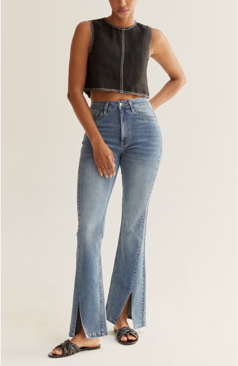 CRESCENT Embroidered Contrast Stitch Linen Crop Top, Alternate, color,