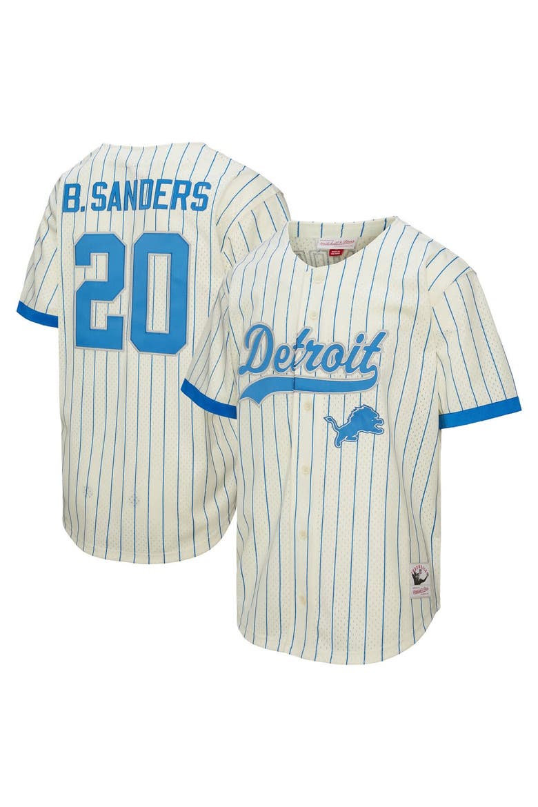 Men's Mitchell & Ness Barry Sanders Cream Detroit Lions Name & Number Mesh Button-Up Baseball Jersey, Alternate, color, Cream