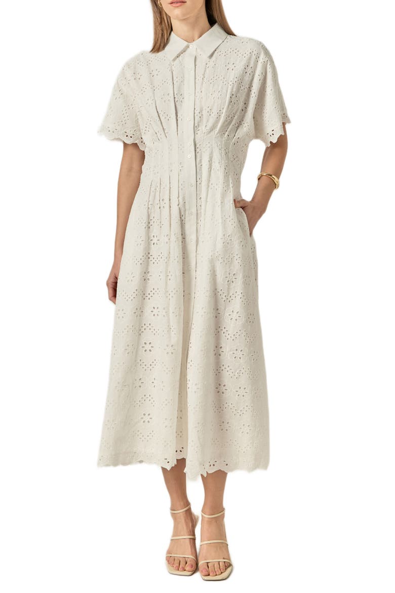 Eyelet Cinched Waist Midi Shirtdress, Main, color, WHITE