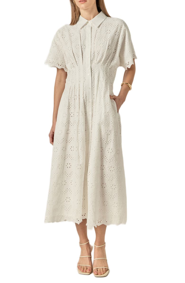 English Factory Eyelet Cinched Waist Midi Shirtdress, Main, color, White