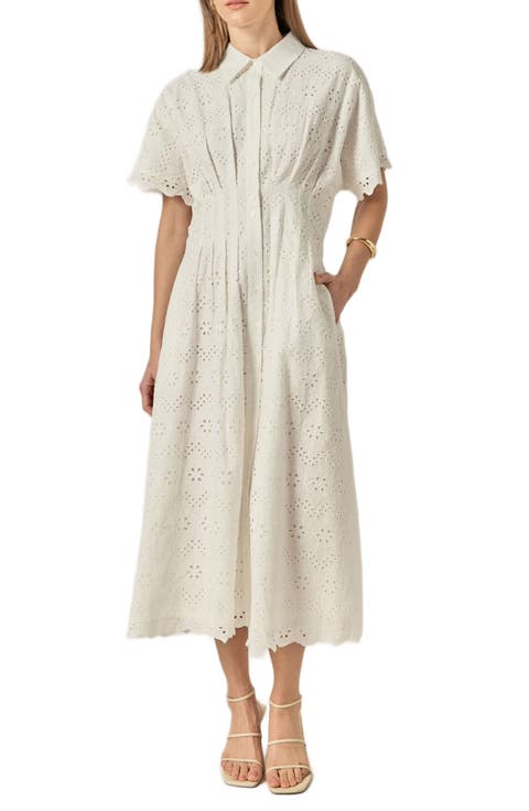 Eyelet Cinched Waist Midi Shirtdress