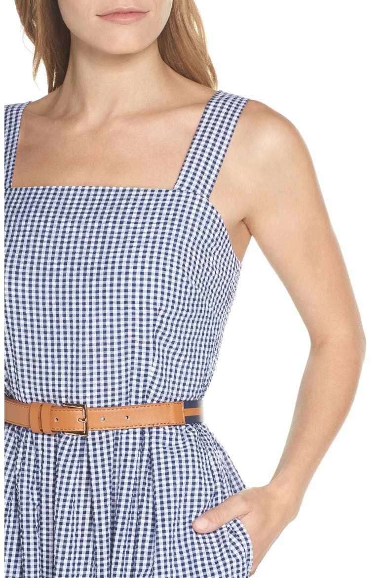 Ruffle Hem Seersucker Check Fit & Flare Dress, Alternate, color, NAVY/ IVORY