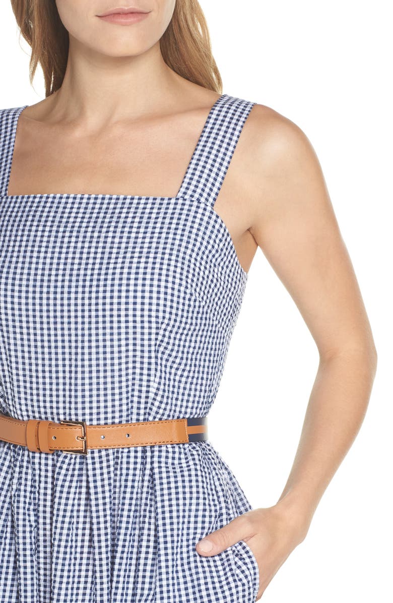 Eliza J Ruffle Hem Seersucker Check Fit & Flare Dress, Alternate, color,