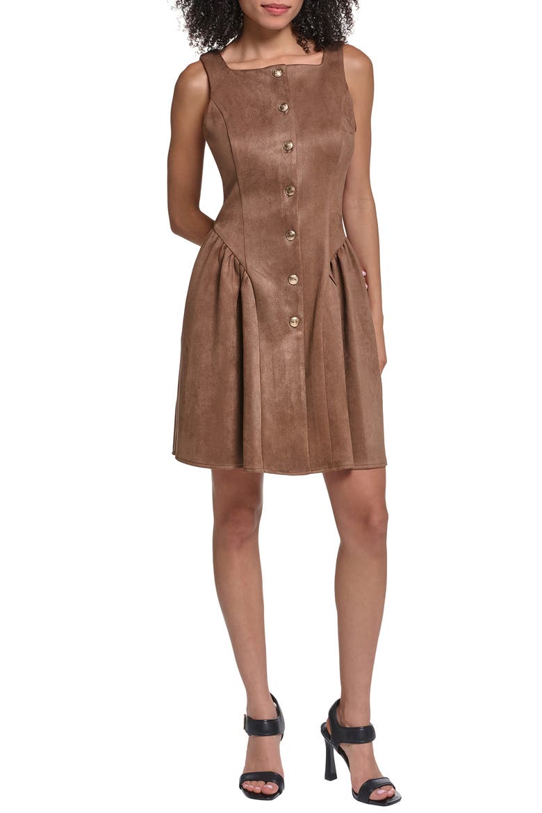 Faux Sude Fit & Flare Dress, Main, color, CAPPUCCINO