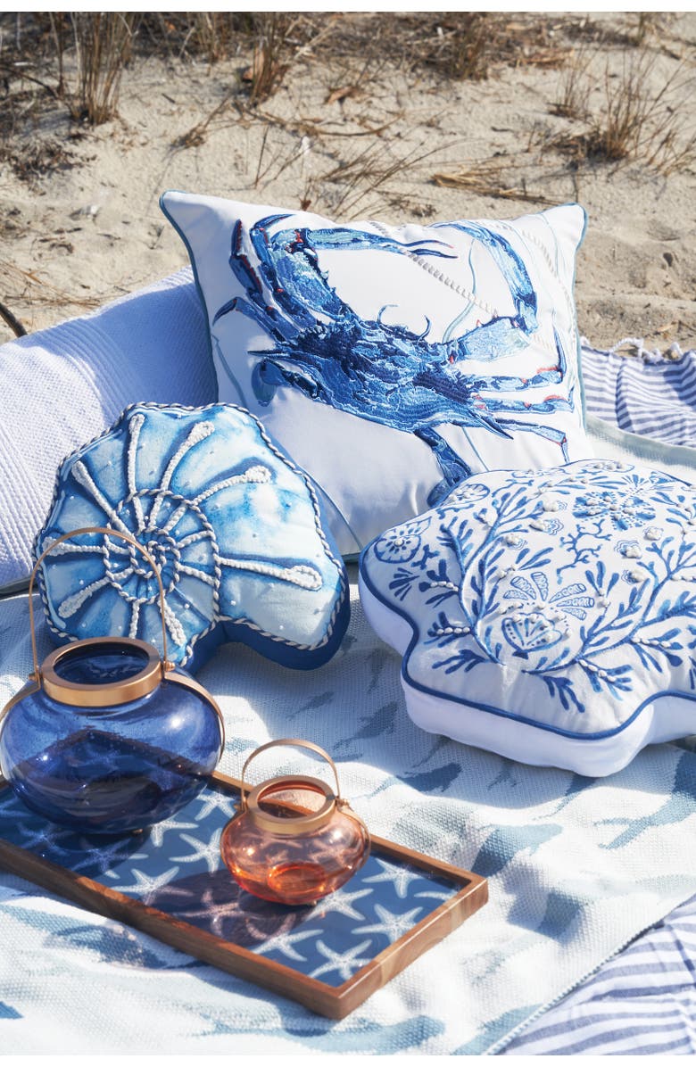 C&F Home Chinoiserie Shell Graphic Print Embellished Woven Shaped Throw Pillow, 17" x 19", Alternate, color, Blue