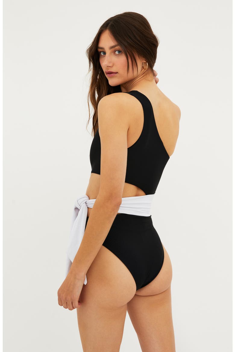 Carlie Cutout One-Shoulder Tie Waist One-Piece Swimsuit, Alternate, color, BLACK/ WHITE