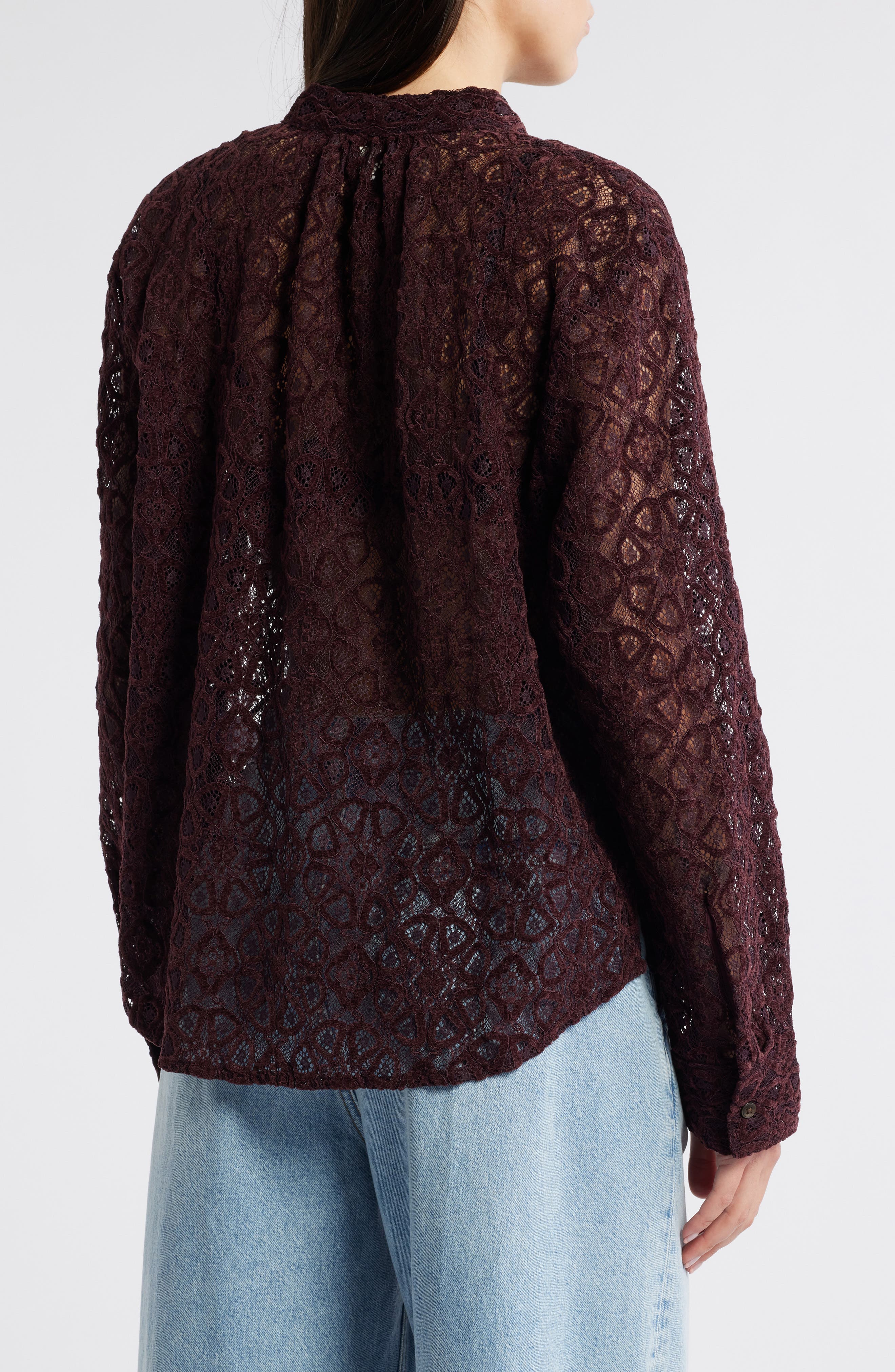 Band Collar Lace Button-Up Shirt - image 2