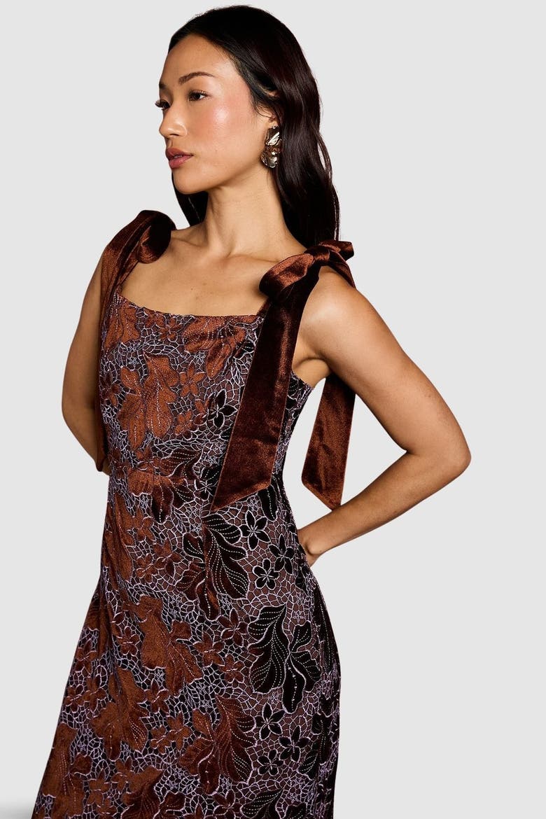 Velvet Lace Tie Shoulder Midi Dress, Alternate, color, Toffee