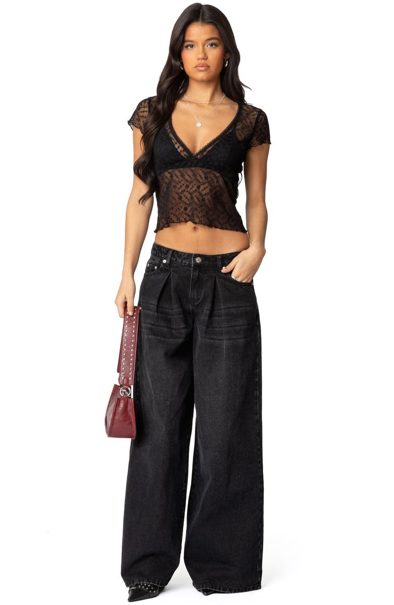 EDIKTED Julie Sheer Lace Crop Top, Alternate, color, Black