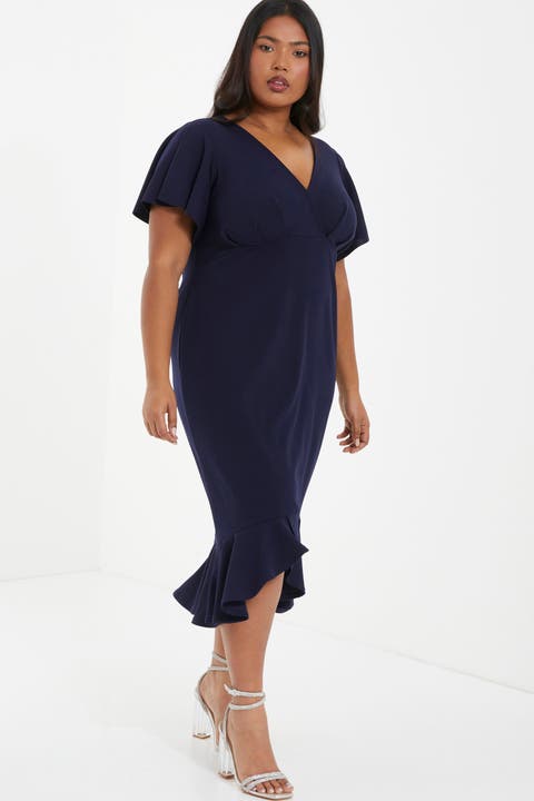 V-Neck Frill Hem Midi Dress