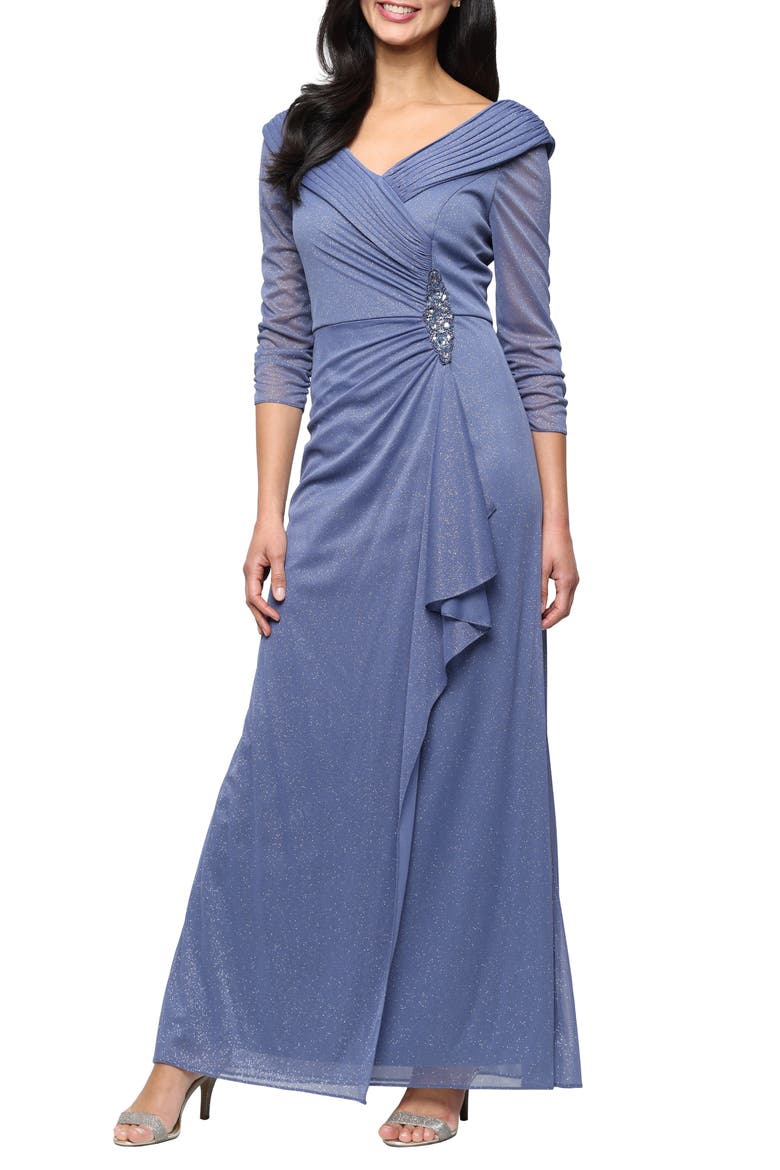 Glitter Portrait Collar Gown, Main, color, DUSTY BLUE