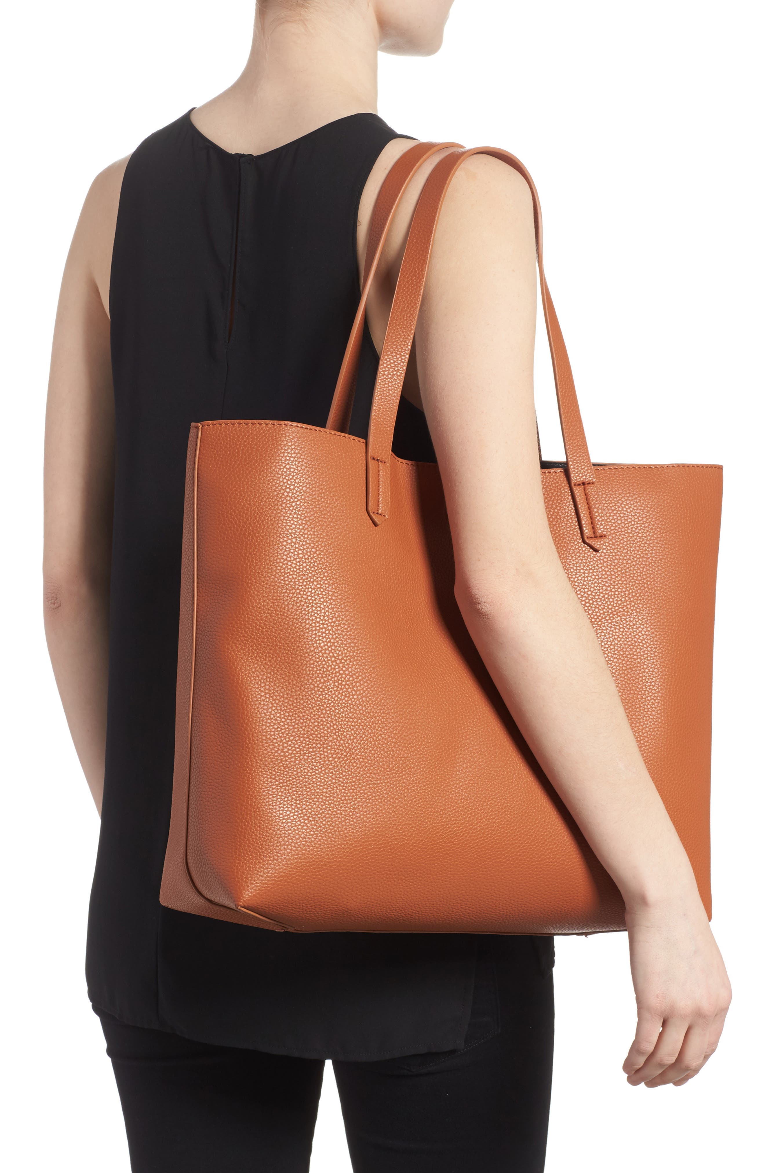 Contrast Lining Faux Leather Tote, Alternate, color, COGNAC