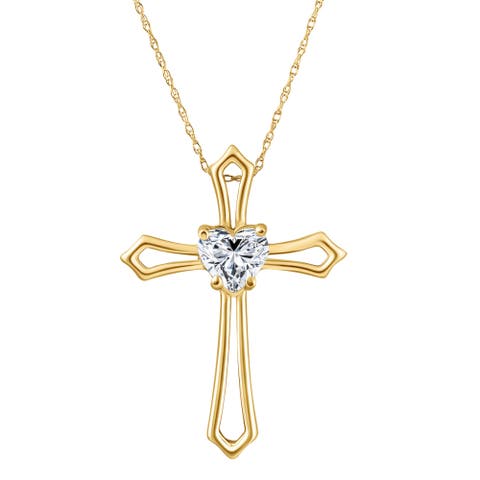 1Ct Cross Solitaire Heart Shape Diamond Necklace Gold Womens Necklace 1" Tall
