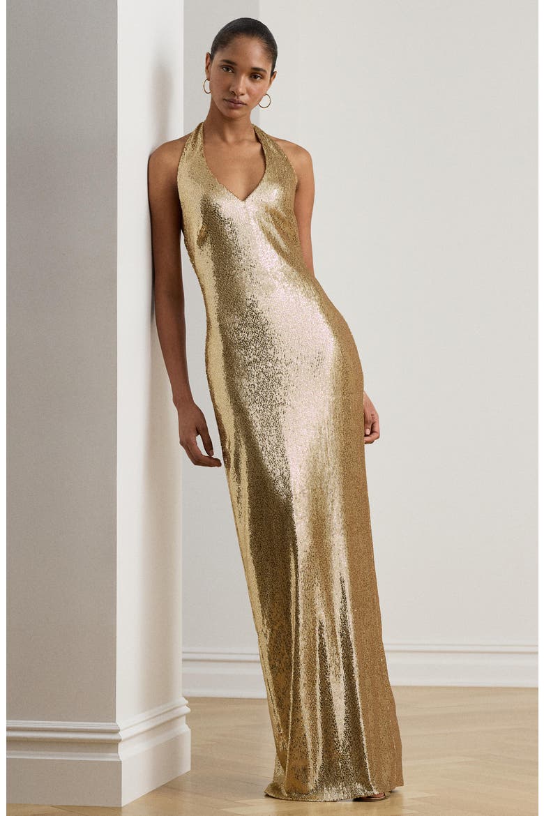 Luxe Sequin Tulle Halter Column Gown, Alternate, color, BEIGE