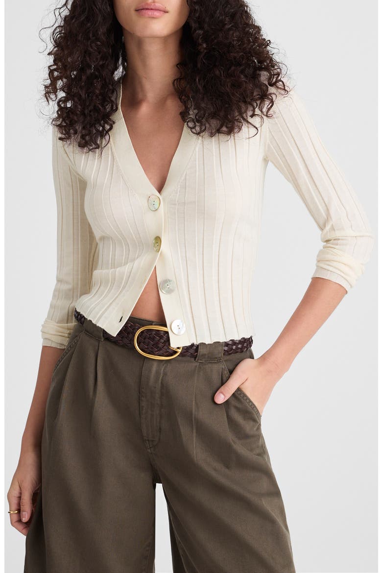 Rib V-Neck Merino Wool & Silk Cardigan, Main, color, IVORY