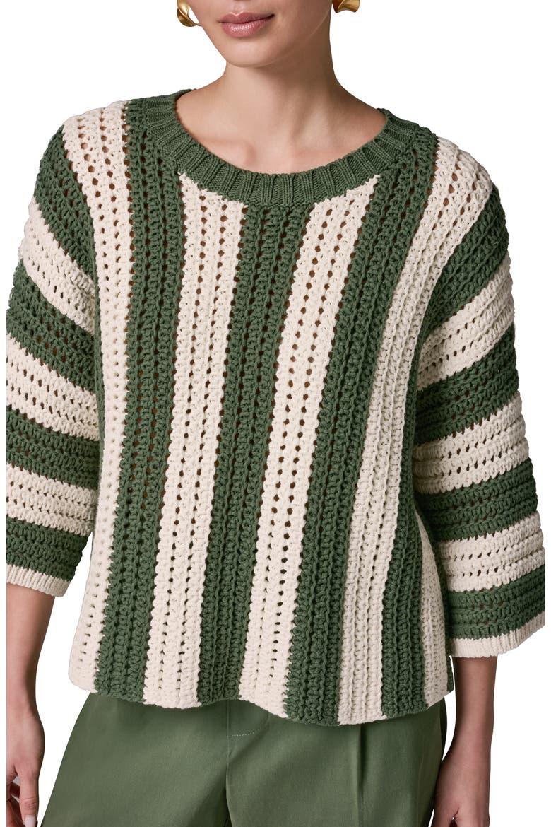 Vertical Stripe Open Stitch Cotton Sweater, Alternate, color, VERDE/ CREA