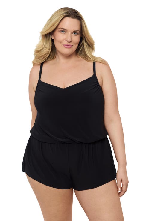 Plus Size V-Neck Blouson Slimming Swimsuit Romper with Pockets