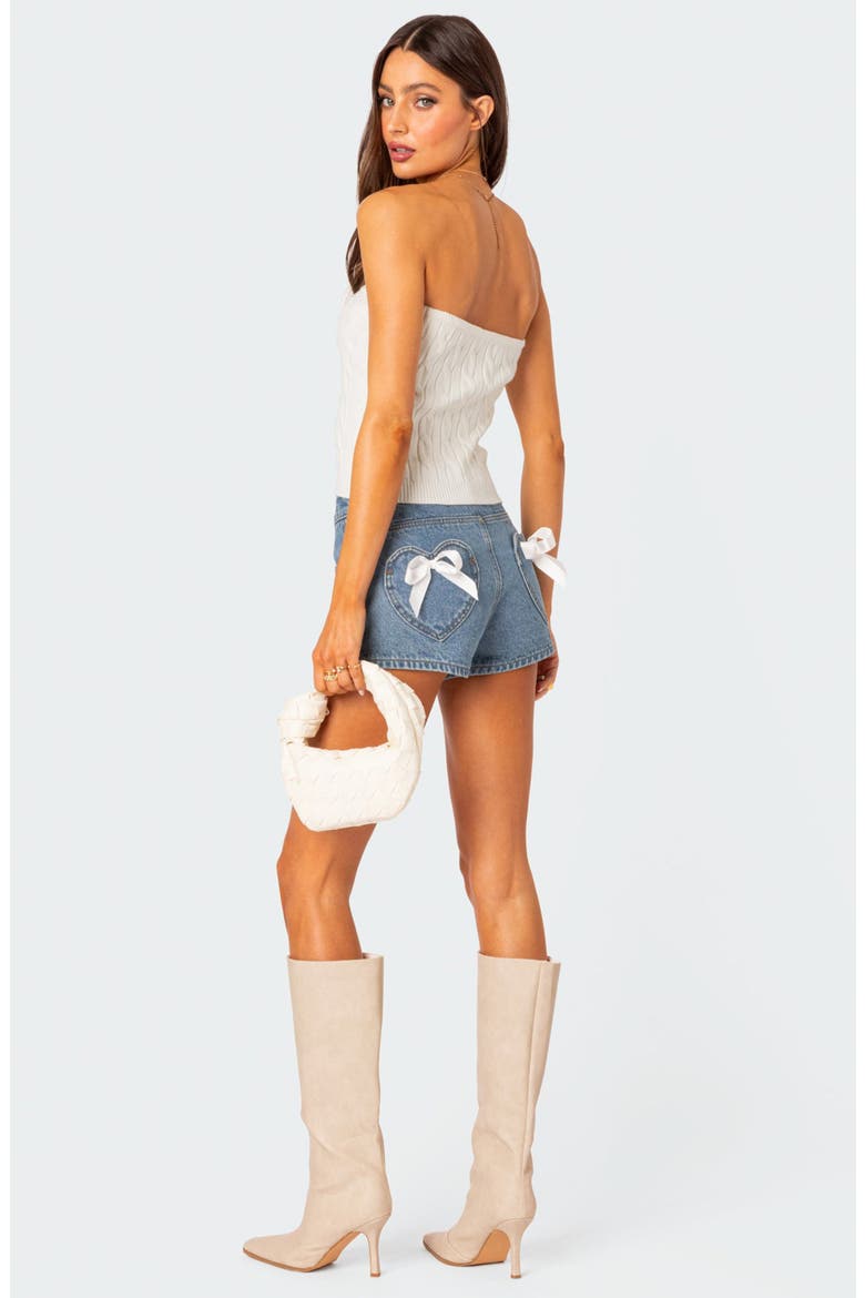 Bow Pocket High Waist Denim Shorts, Alternate, color, BLUE-WASHED