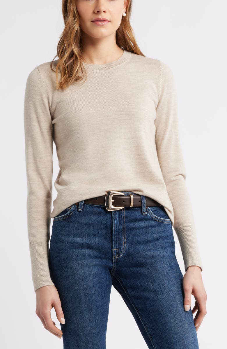 Caslon<sup>®</sup> Merino Wool Blend Crewneck Sweater, Main, color, Tan Doeskin Heather