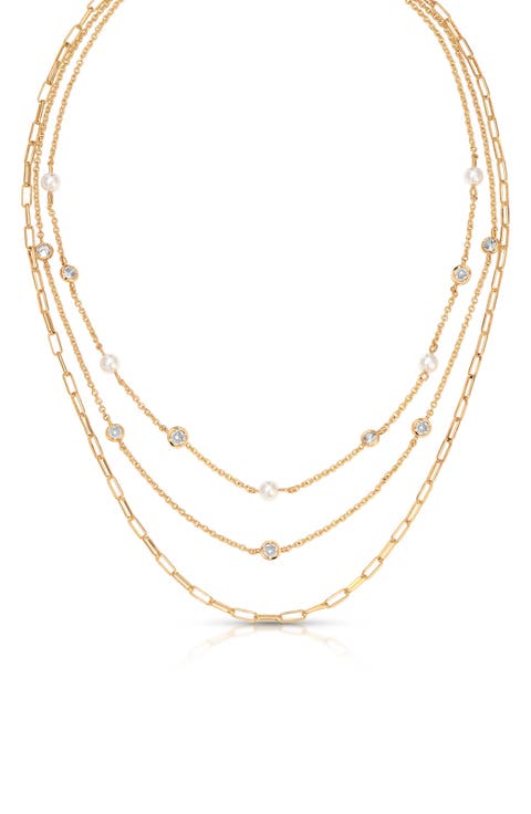 Faux Pearl & Crystal Layered Station Necklace