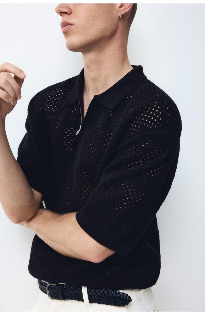 H&M Relaxed Fit Hole-knit Polo Shirt, Alternate, color, Black