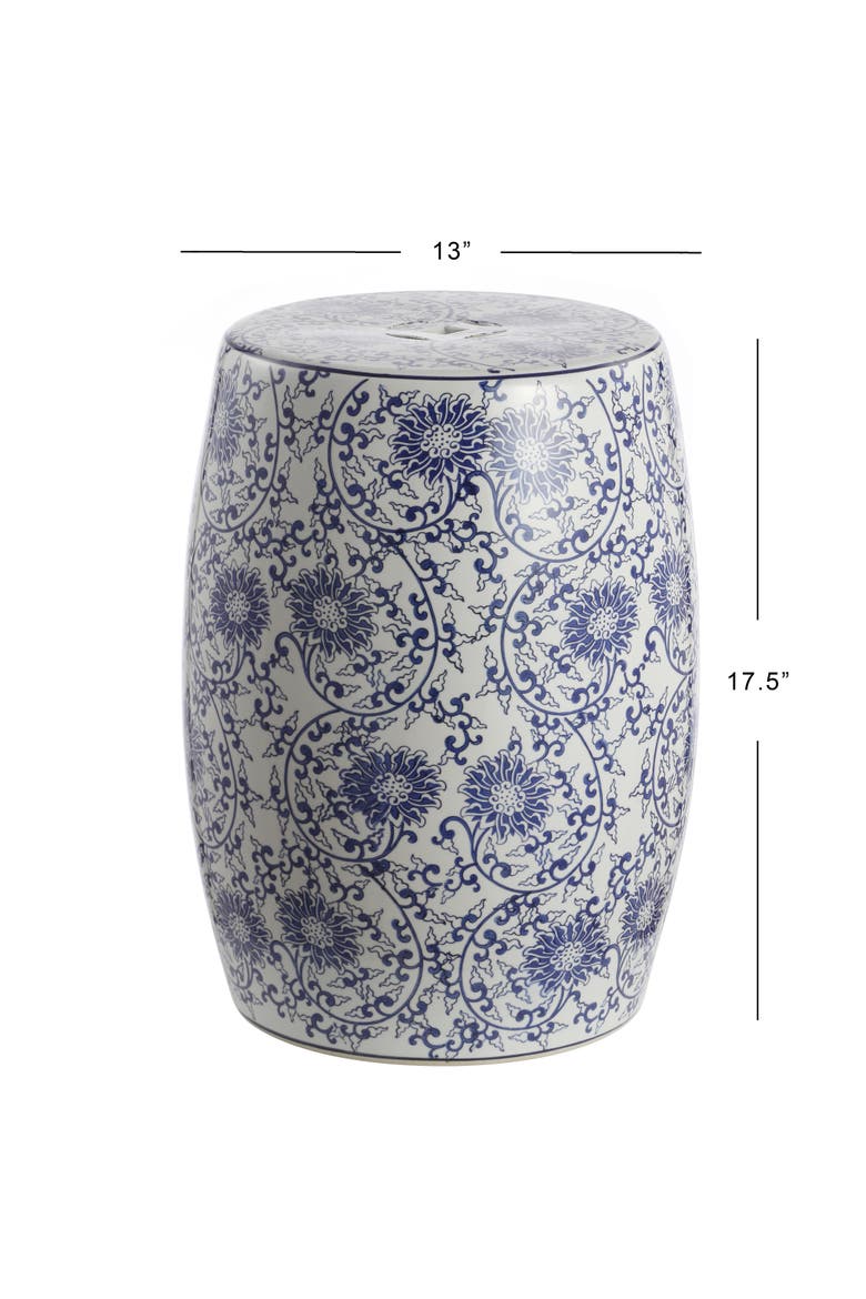 Lotus Blossom Traditional Floral Chinoiserie Ceramic Drum Garden Stool, Pierced Indoor/Outdoor Patio Seat & Side Table, Alternate, color, Blue/White