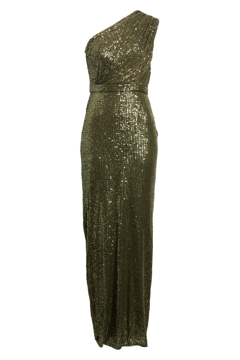 Women’s One Shoulder Ruched Sequin Evening Gown, Alternate, color, OLIVE
