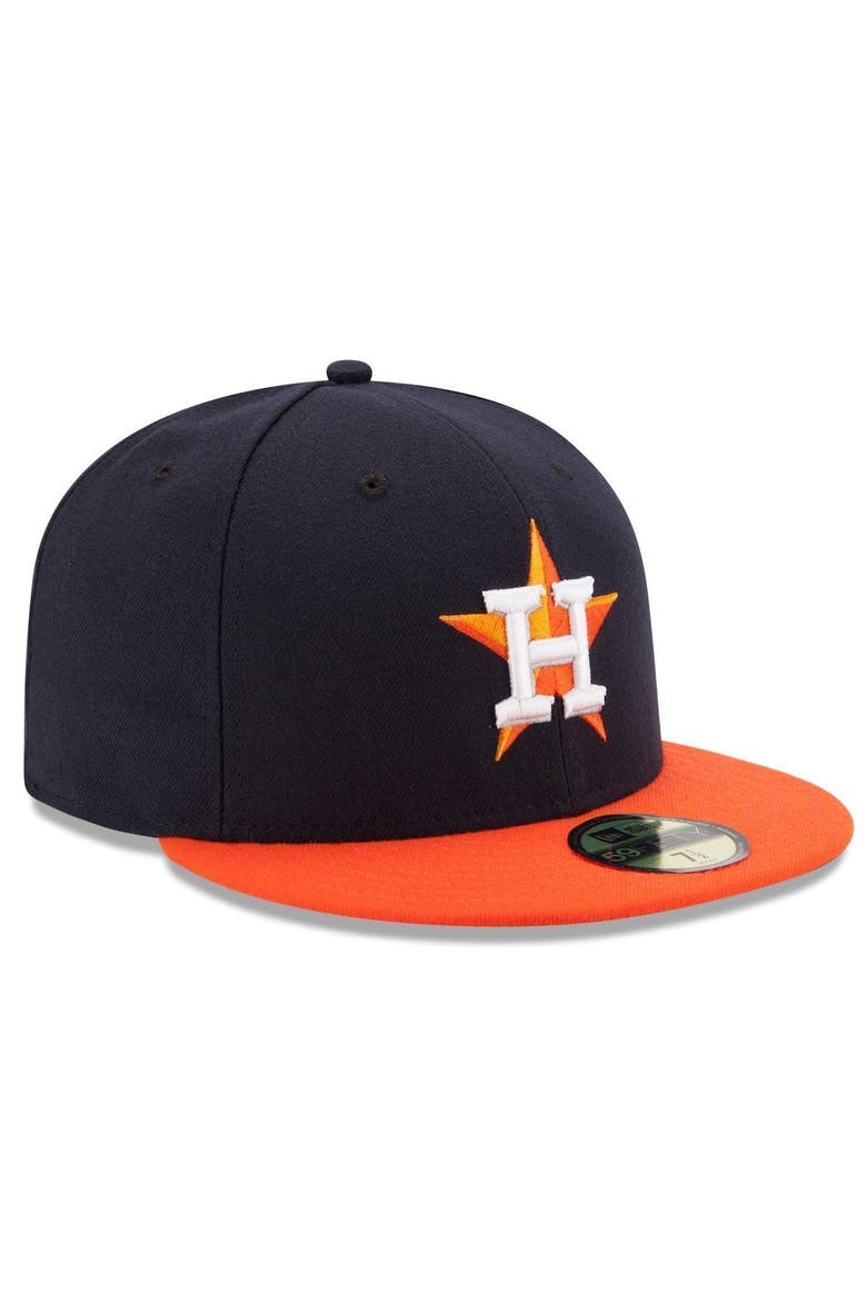 Men's New Era Navy/Orange Houston Astros Road Authentic Collection On Field 59FIFTY Performance Fitted Hat, Alternate, color, NAVY