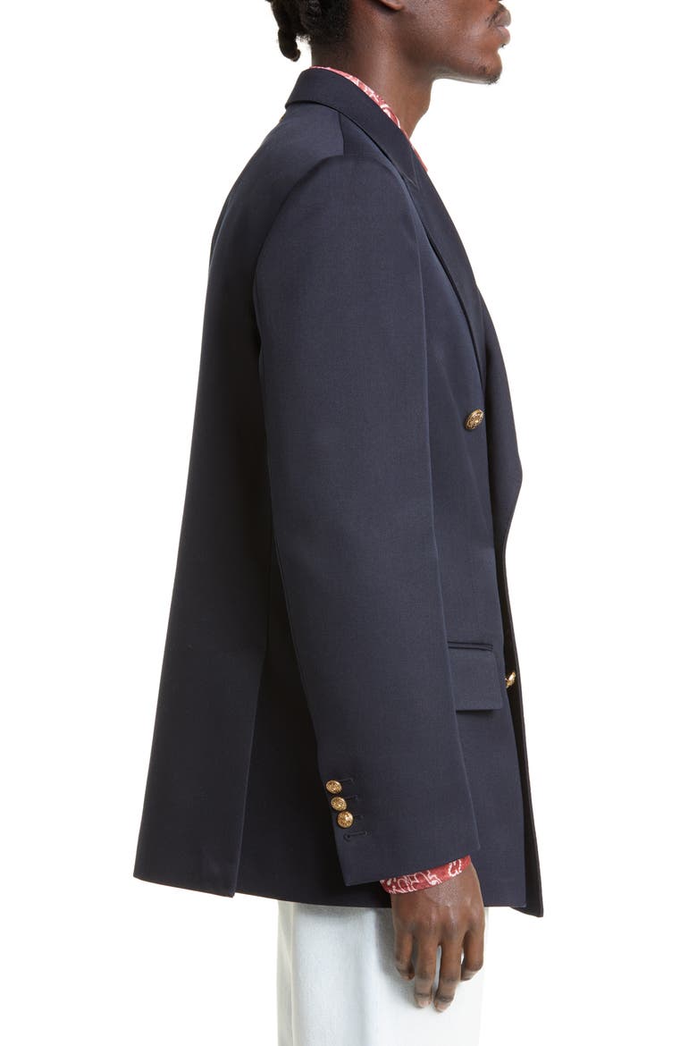 Crest Button Double Breasted Gabardine Blazer, Alternate, color, NAVY