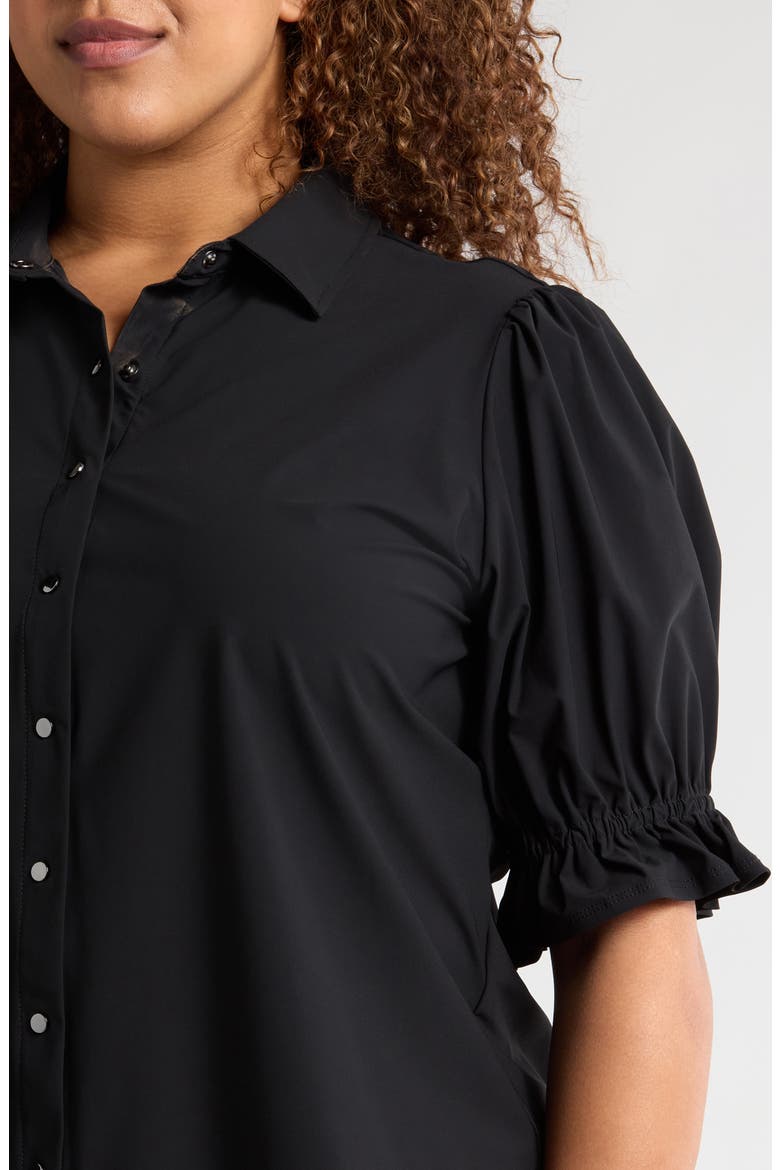 Puff Sleeve Knit Snap-Up Shirt, Alternate, color, BLACK