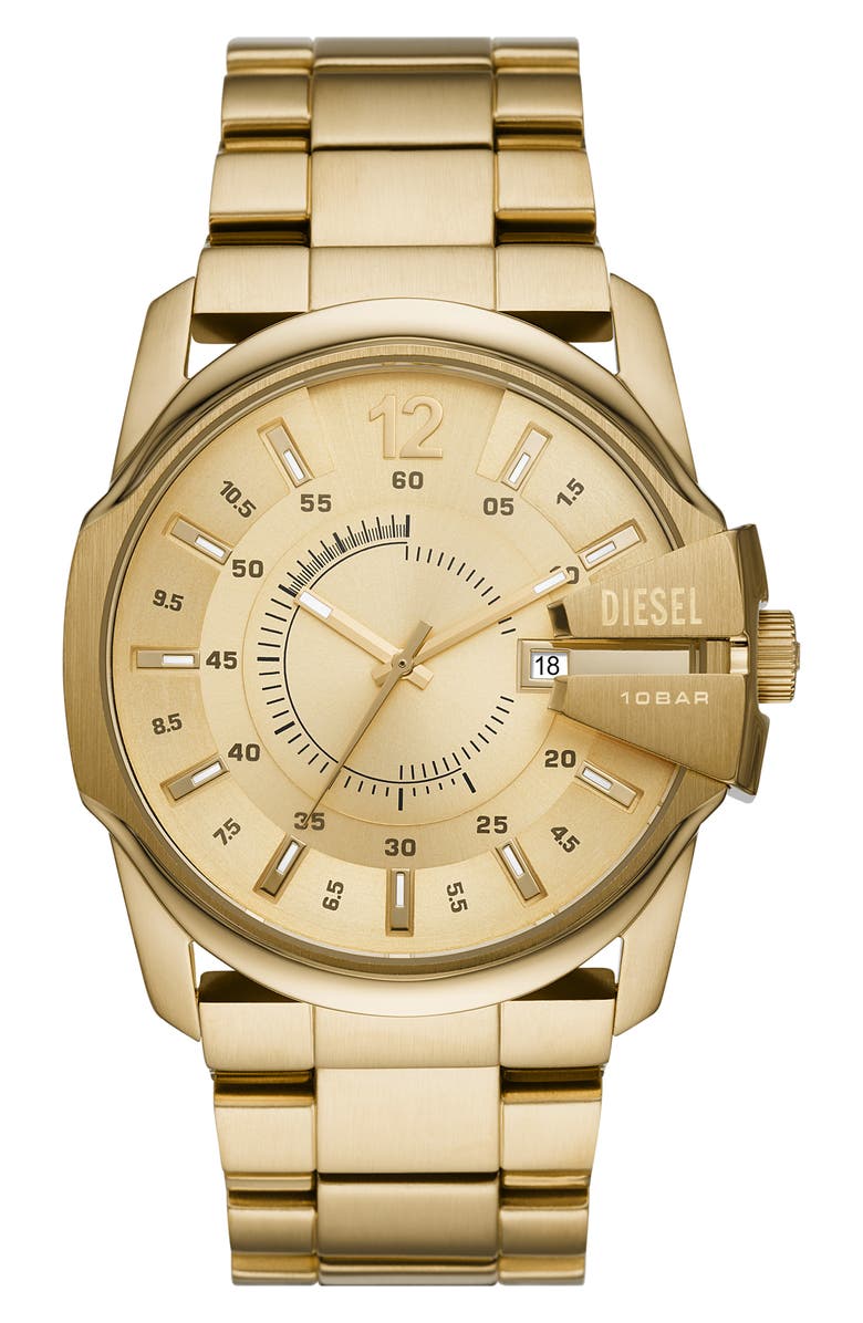 DIESEL<sup>®</sup> Master Chief Three Hand Bracelet Watch, 45mm, Main, color, Gold