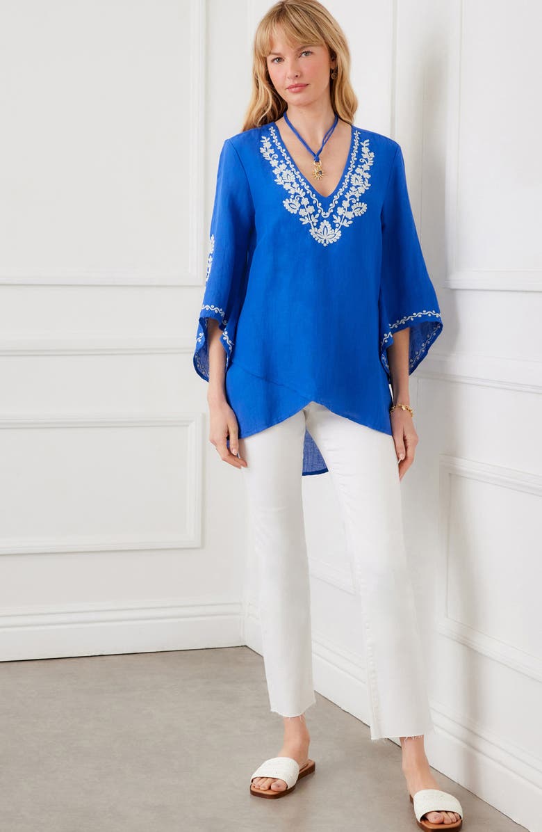 Karen Kane Embroidered Asymmetric Hem Linen Blend Top, Alternate, color, Blue