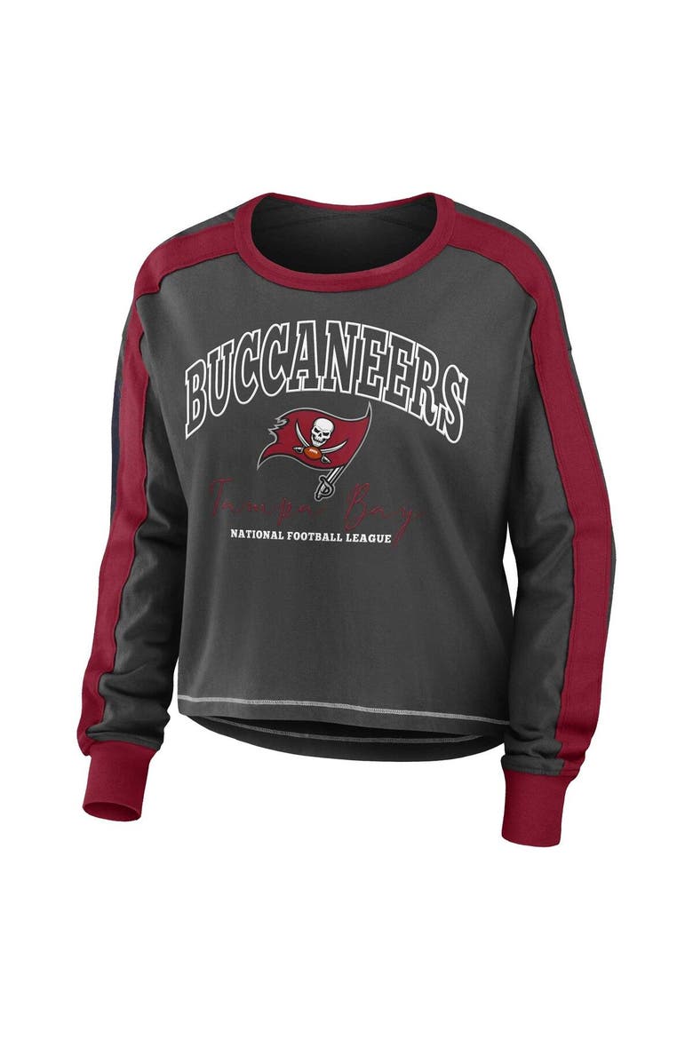 Women's WEAR by Erin Andrews Pewter/Red Tampa Bay Buccaneers Color Block Modest Crop Long Sleeve T-Shirt, Alternate, color, Pewter