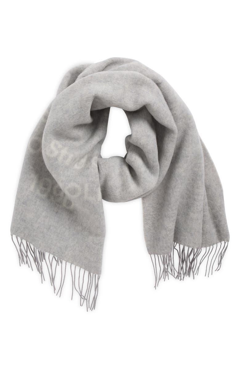 Acne Studios 1996 Logo Jacquard Double Face Wool Fringe Scarf, Alternate, color, Light Grey Melange/ White