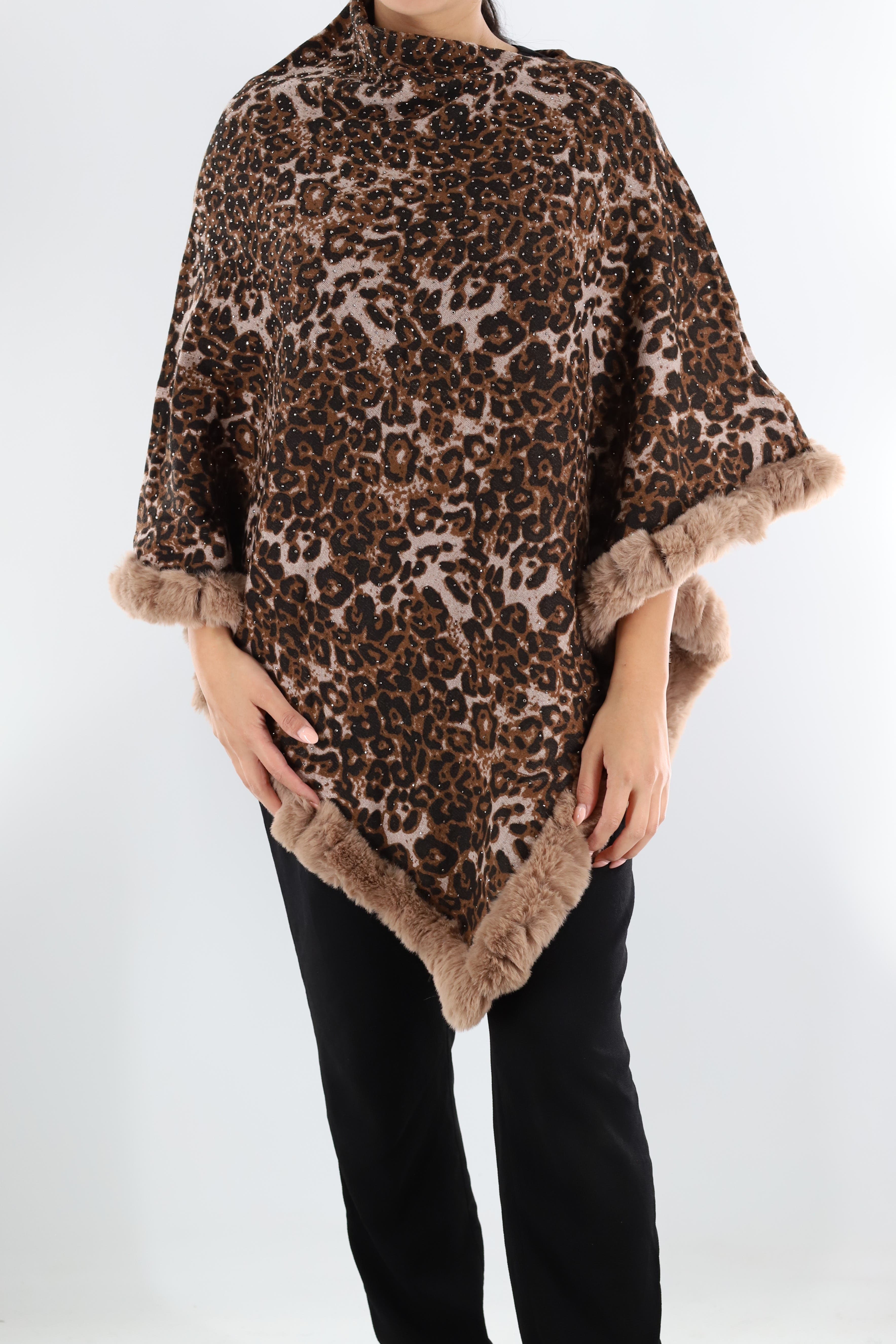 Animal Print Poncho with Stones/Faux Fur (Women) | Nordstrom