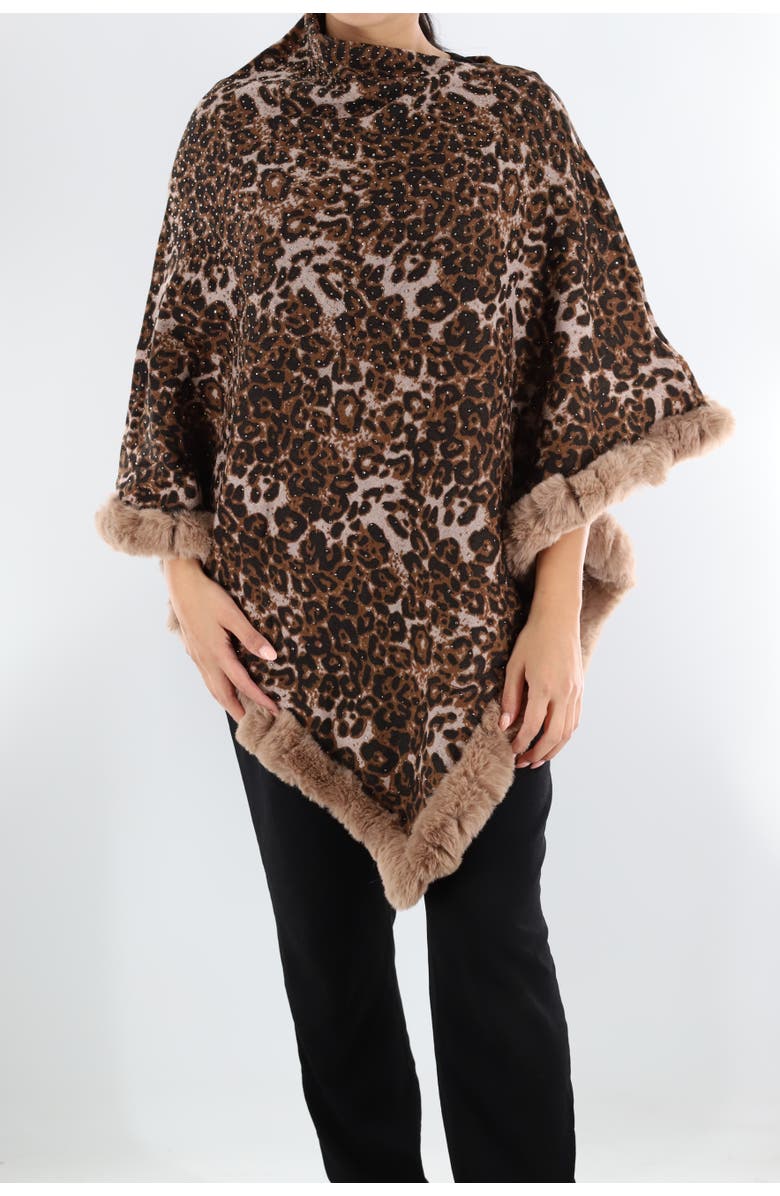 La Fiorentina Animal Print Poncho with Stones/Faux Fur, Main, color, Brown