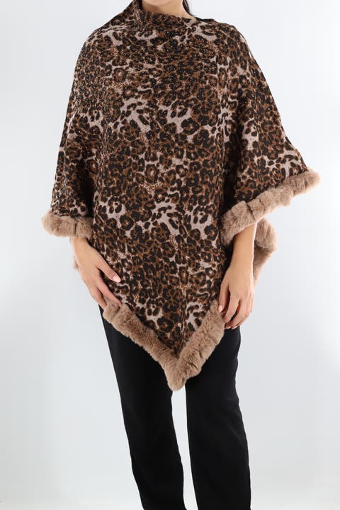 Animal Print Poncho with Stones/Faux Fur