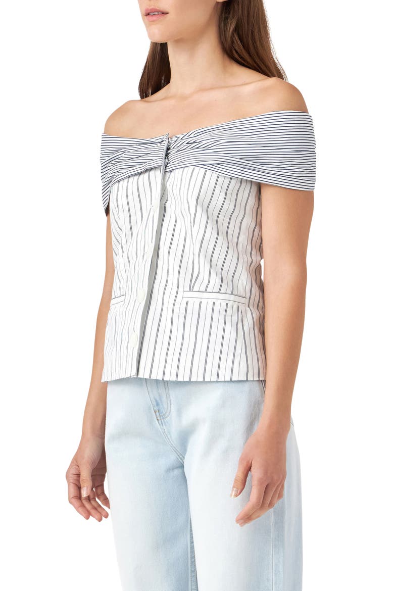 Stripe Off the Shoulder Blouse, Alternate, color, WHITE/ NAVY