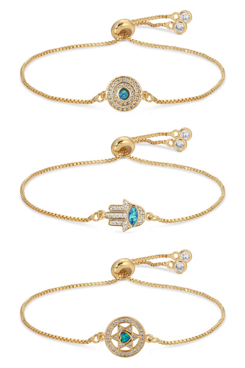 Set of 3 Opal Evil Eye Hamsa Bolo Bracelets, Main, color, GOLD