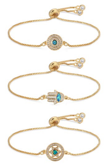 Eye Candy Los Angeles Set Of 3 Opal Evil Eye Hamsa Bolo Bracelets In Gold