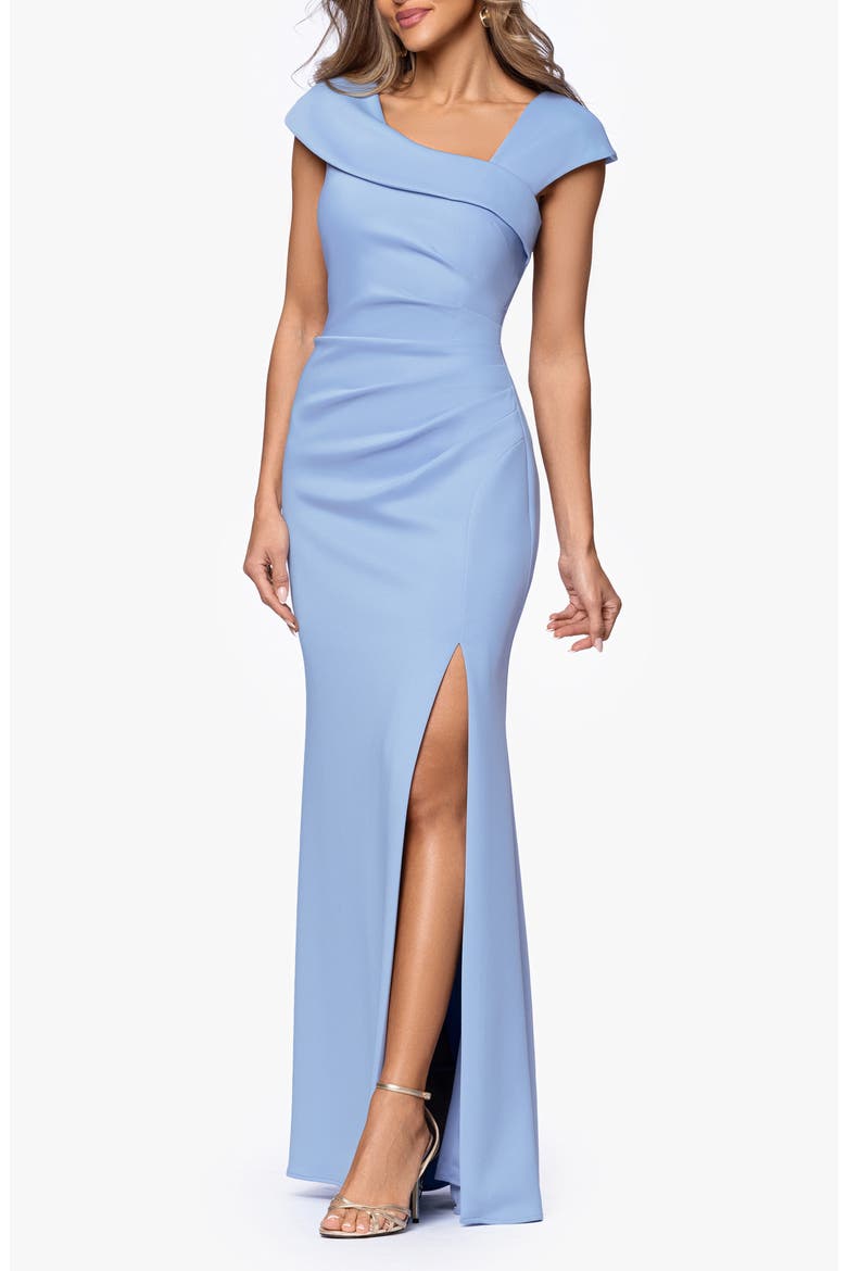 Asymmetric Neck Scuba Knit Trumpet Gown, Alternate, color, PERIWINKLE